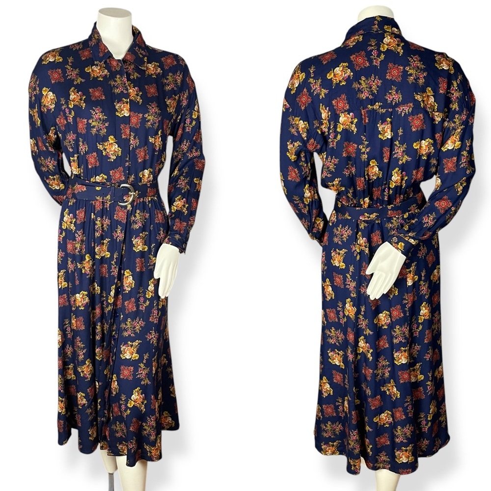 Vintage Floral Midi Dress Navy Blue Long Sleeve Belt Rayon Modest 80s Momcore